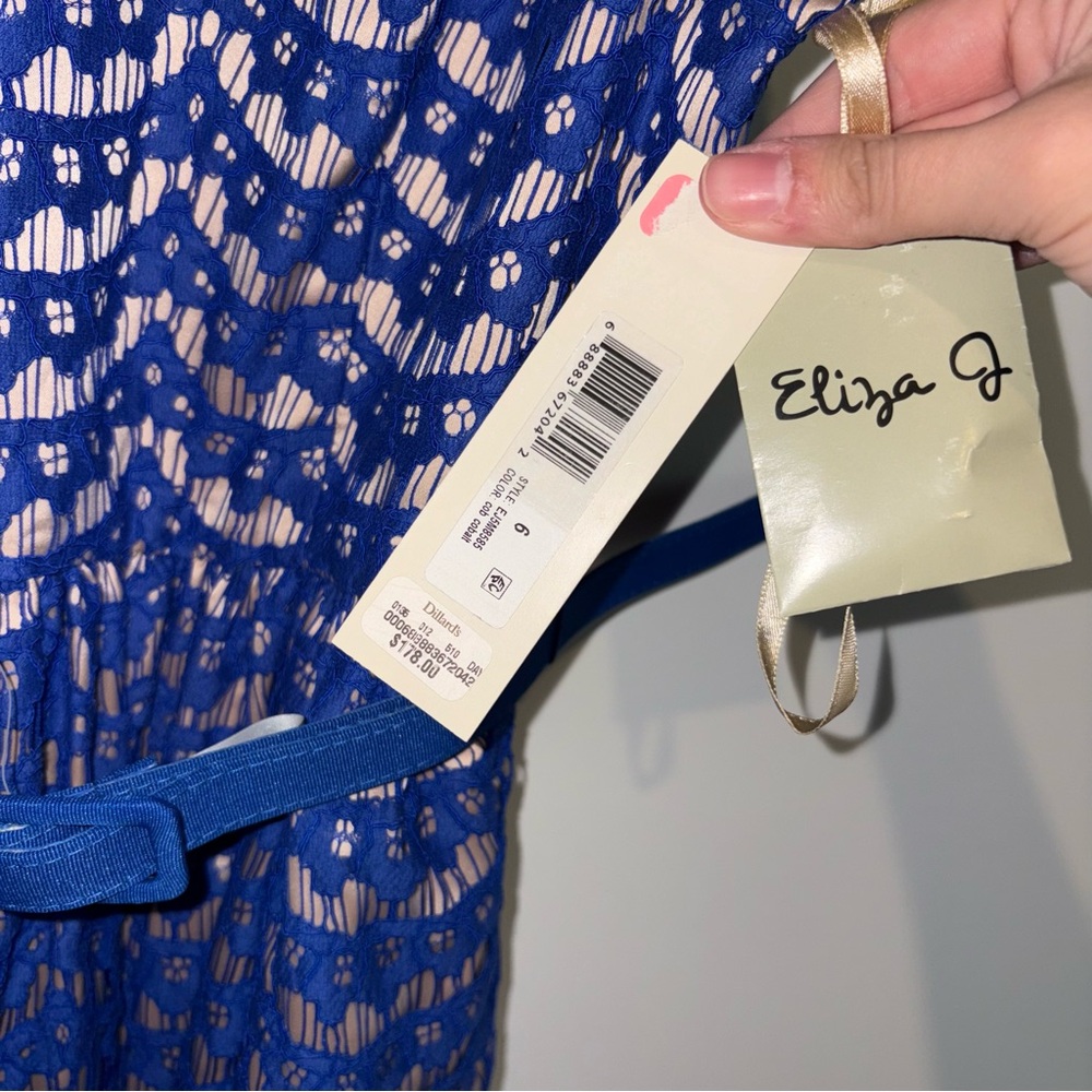 Eliza J lace eyelet belted Patterned Dress blue nude size 6 - Picture 7 of 7